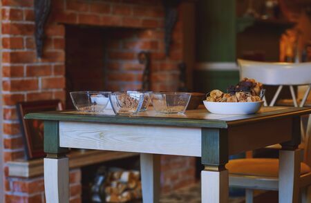 Table at home served with vegetarian foodの写真素材