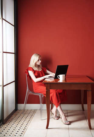 Beautiful young adult woman wearing red jumpsuit and working laptopの写真素材