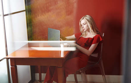 Young adult woman sitting at the table and working on laptopの写真素材