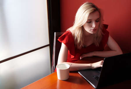 Young adult woman wearing red jumpsuit and using laptopの写真素材