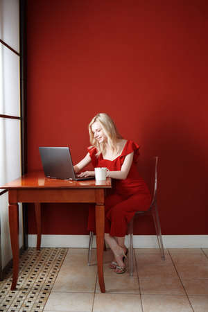 Young adult woman sitting at the table and working on laptopの写真素材