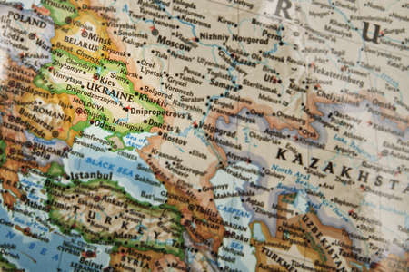 Close-up view of the map with focus on Ukraineの写真素材