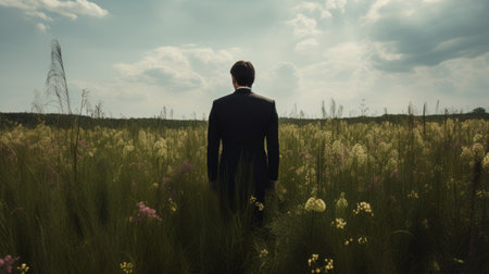 AI generated image. Anonymous man in black suit standing in the meadow. Back viewの素材