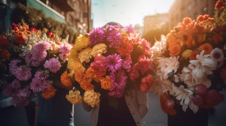 AI generated image. Anonymous people in city street holding large bouquet of fresh flowersの素材