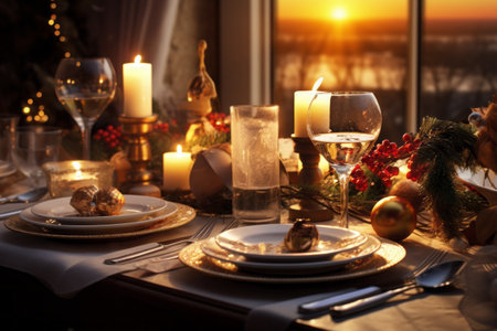 AI generated image. Christmas dinner table setting decorated with candles and Christmas ornamentの素材