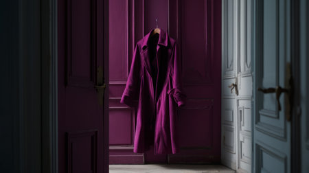 AI generated image. Deep magenta coat hanging on a door in classic interiorの素材
