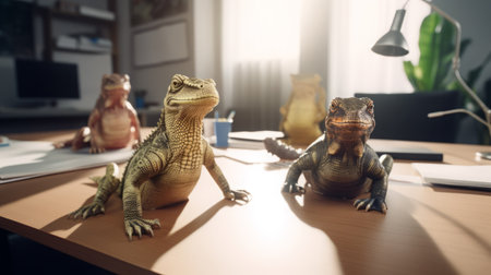 AI Generated Image. Lizards on the office deskの素材