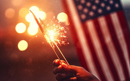 AI generated image. Hands of people holding sparkler next to the American flag. Independence Day conceptの素材