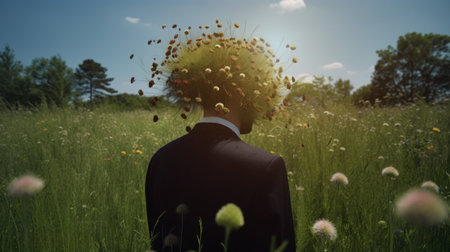 AI generated image. Back view on the man wearing suit in a meadow. He has grass and flowers on his head instead hairの素材