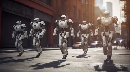 AI Generated Image. Group of alien robots walking on a city streetの素材