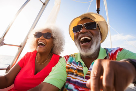 AI generated image. Excited African American senior couple in colorful clothes having fun on a yachtの素材