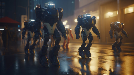 AI Generated Image. Group of alien robots walking on a city streetの素材