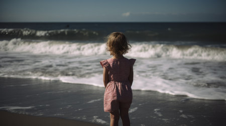 AI Generated Image. Rear back view on a little girl standing next to the oceanの素材