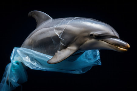 AI generative image. Dolphin in the plastic bag. Environmental issues conceptの素材