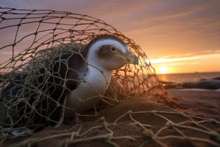 AI generative image. Little penguin wrapped in fisherman's net. Environmental issues conceptの素材