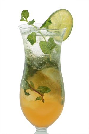 Cold Mojito cocktail isolated on white background in hurricane glassの写真素材