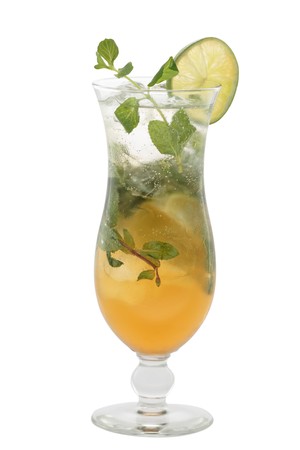 Cold Mojito cocktail isolated on white background in hurricane glassの写真素材