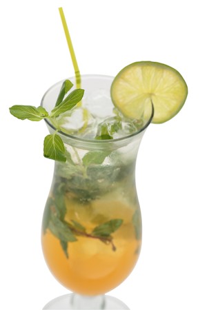 Cold Mojito cocktail isolated on white background in hurricane glassの写真素材