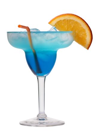 Blue lagoon cocktail isolated on white background in margarita glassの写真素材