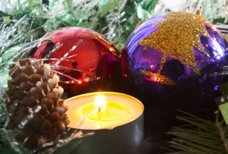 Christmas balls and candlesの写真素材