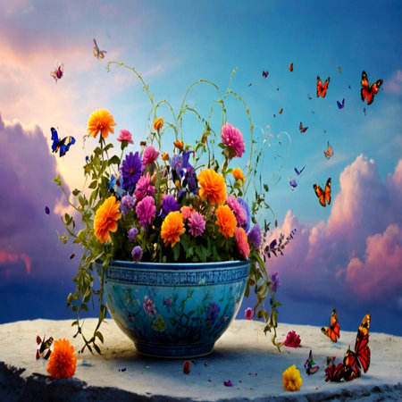Colorful flowers in vase with butterflies on blue sky background.の写真素材