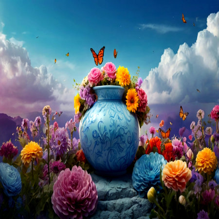 Beautiful flowers in vase with butterfly on blue sky background.の写真素材
