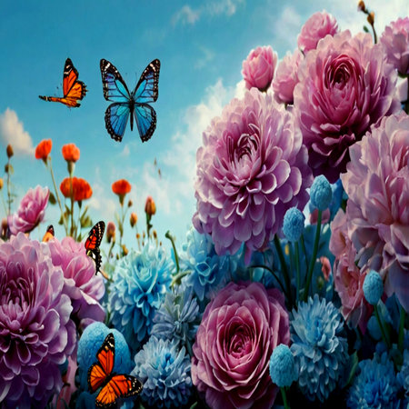 Bouquet of colorful flowers and butterfly on blue sky background.の写真素材