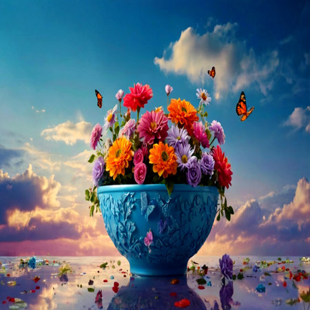 Colorful flowers in blue vase on background of sky with cloudsの写真素材