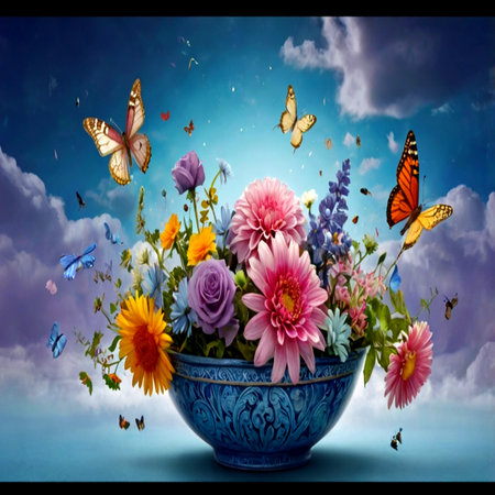 Bouquet of flowers in vase with butterflies on sky backgroundの写真素材