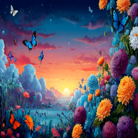 Beautiful landscape with flowers, butterflies and sky. Digital painting.の写真素材