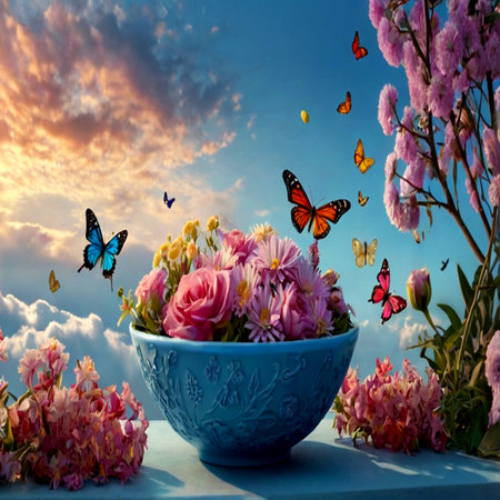 Bouquet of pink flowers in a blue vase on a background of blue sky with butterfliesの写真素材