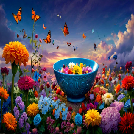 Colorful flowers in the blue bowl and butterfly on the sky backgroundの写真素材