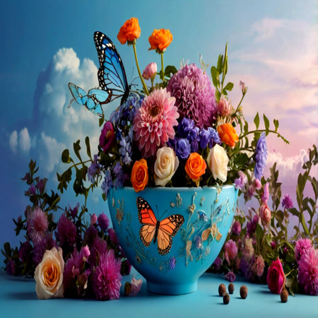 Bouquet of colorful flowers in a blue vase with butterflyの写真素材