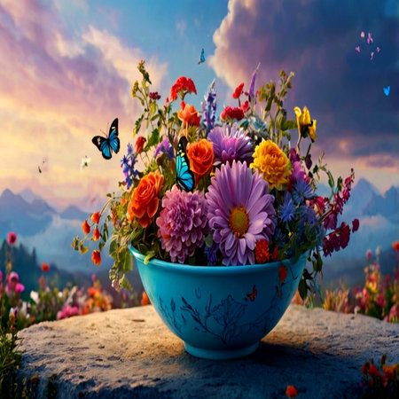 Bouquet of colorful flowers in a vase on the background of the mountainsの写真素材