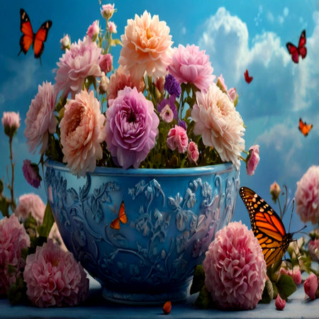 Bouquet of beautiful flowers and butterfly on a blue background.の写真素材