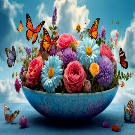 Bouquet of colorful flowers in blue bowl with butterfly on blue backgroundの写真素材