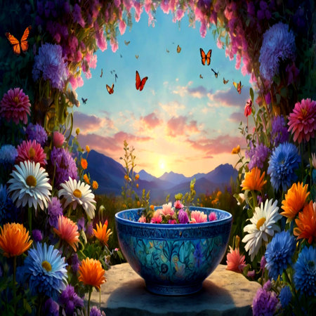 Bowl of flowers and butterflies in the meadow at sunset.の写真素材