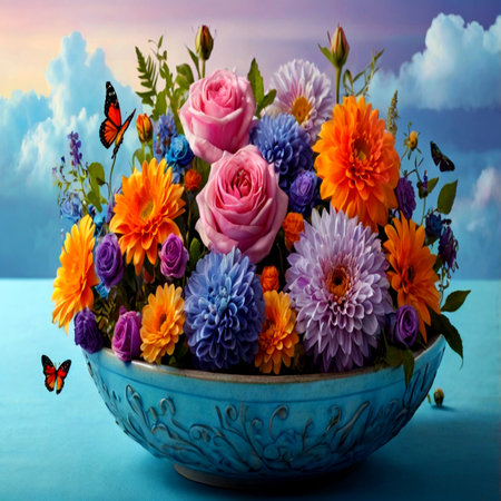 Bouquet of flowers in a bowl on a blue background.の写真素材