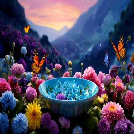 Bowl of water with flowers and butterfly on the background of mountains