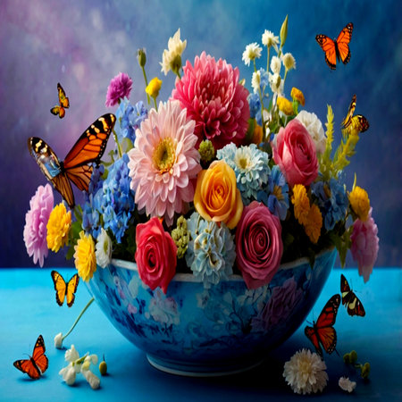 Bouquet of colorful flowers in a blue vase with butterfliesの写真素材