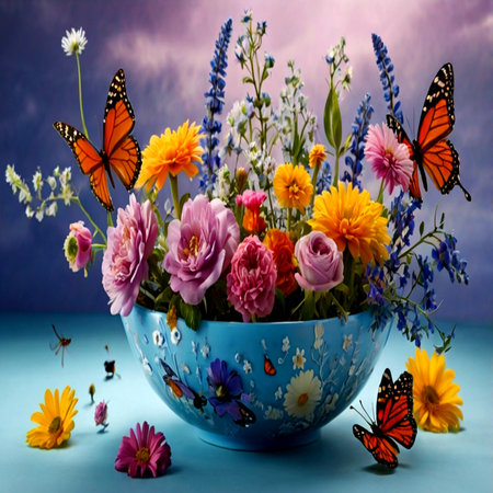 Bouquet of colorful flowers in a blue vase with butterflyの写真素材