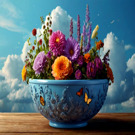 Colorful flowers in a blue vase on a wooden table against the skyの写真素材