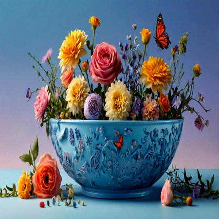 Bouquet of colorful flowers in a vase on blue backgroundの写真素材