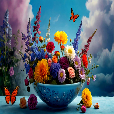 Bouquet of colorful flowers in a blue vase with butterflyの写真素材