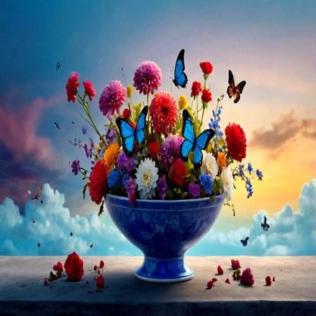 Bouquet of flowers in blue vase with butterfly on sky backgroundの写真素材