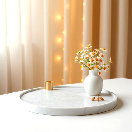 Vase with beautiful chamomile flowers on table in roomの写真素材