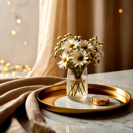 A bouquet of daisies in a glass vase on a golden tray.の写真素材