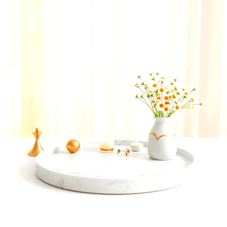 White marble table with vase of chamomile flowers and easter eggsの写真素材