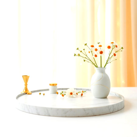 Flowers in vase on white round marble table, interior designの写真素材