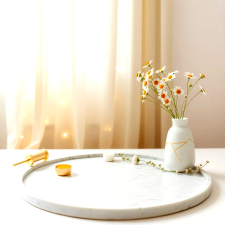 Vase with beautiful chamomile flowers on table in roomの写真素材